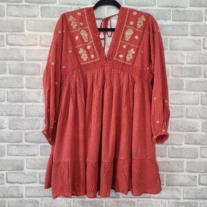 In Loom Rust Embroidery Floral Ruffled Dress Cotton Gauze Boho Festival M NWT